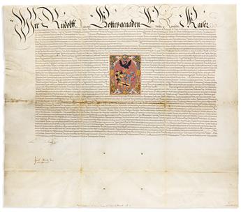 RUDOLF II; HOLY ROMAN EMPEROR. Vellum Document Signed, Rudolff II, as Emperor, patent of nobility for Hannsen Prandt, in German, with